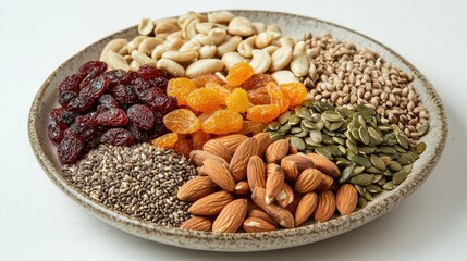 Obraz premium A Vibrant Collection of Healthy Snack Options Featuring Nuts, Seeds, and Dried Fruits on a Textured Plate for Nutritious Eating Inspiration