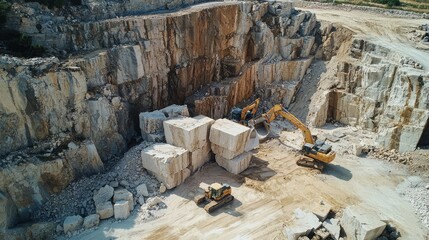 Naklejka premium Heavy Machinery Operating in a Quarry, Extracting Large Stone Blocks for Construction and Industrial Use with Advanced Equipment