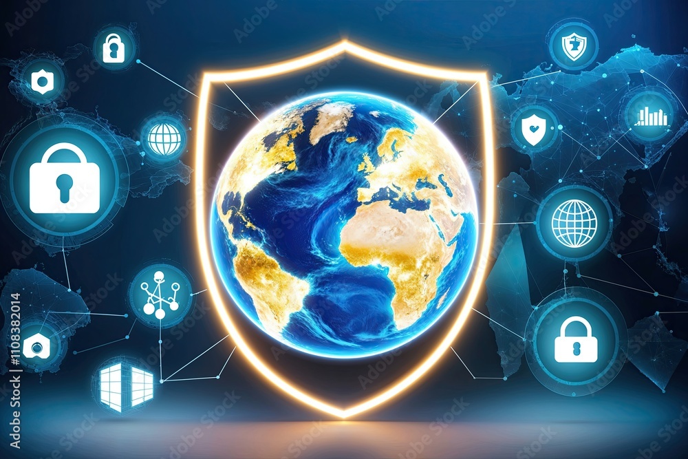 Poster digital security and global network innovation with illuminated earth and protective shield