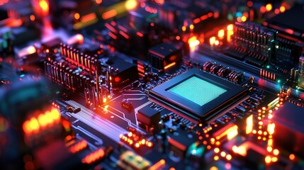 Obraz premium Advanced Semiconductor Manufacturing Process in a High-Tech Cleanroom Environment Showcasing Cutting-Edge Technology and Electronics with Vibrant Visuals