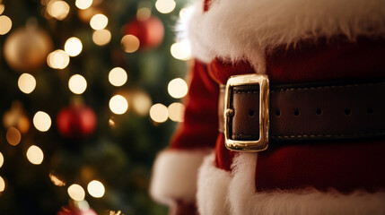 Close-up of Santa's belt buckle, Christmas tree lights blurred in background.