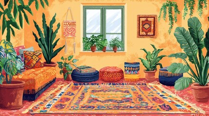 Vibrant Bohemian Style Living Room Illustration with Colorful Decor, Plants, Textiles, and a Cozy Atmosphere Perfect for Boho-Inspired Interiors