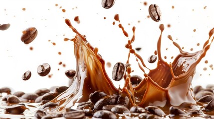 Fototapeta premium Coffee Splash with Coffee Beans on White Background