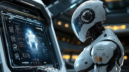 Fototapeta premium A highly advanced futuristic robot analyzing and processing intricate holographic data projections within a sleek modern and minimalistic technological workspace environment