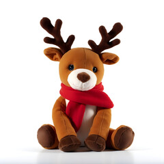 Obraz premium A reindeer plush toy with a festive scarf on a white background