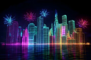 Obraz premium Vibrant neon wireframe city skyline illuminated by colorful fireworks on a dark background.