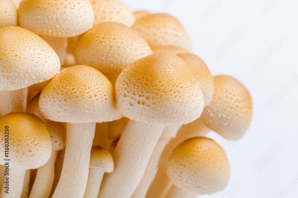 Poster close-up view of clustered golden mushrooms with textured caps against white background