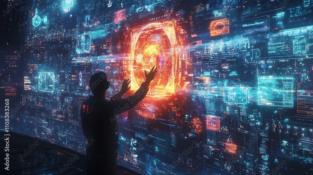 Poster cosmic digital realm user interacting with holographic interface in futuristic vr experience a vibra