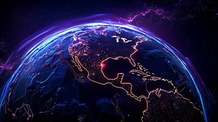 Obraz premium Stunning Night View of Earth with Vibrant Neon Lights Highlighting Cities and Landmasses in a Cosmic Background of Stars and Colorful Effects