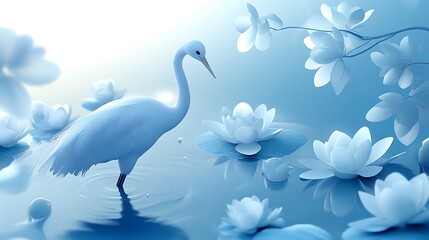 Fototapeta premium A white crane standing elegantly in a shallow pond, lotus blossoms floating around and willow branches framing the scene, warm sunlight glinting off the water, ultra-detailed textures,
