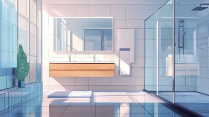 Fototapeta premium Sleek and Modern Bathroom Design Featuring Large Windows, Minimalist Wood Vanity, and Floor-to-Ceiling Glass Shower for Contemporary Home Aesthetic