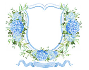 Blue Hydrangea Flower Wedding Crest - Monogram Crest - Hydrangea Floral Luxury Watercolor Wedding...
