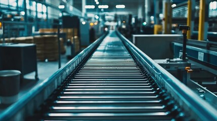 Fototapeta premium Industrial Factory Floor with Rows of Conveyor Belts in a Modern Manufacturing Setup, Highlighting Automation and Efficiency in Production Areas