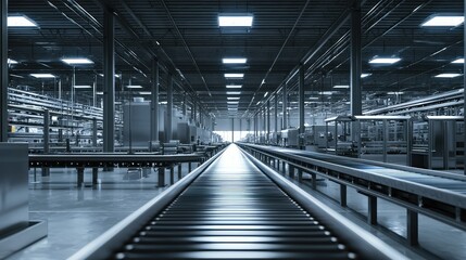 Obraz premium Industrial Factory Floor with Rows of Conveyor Belts at Work, Showcasing Modern Automation and Efficiency in a Large Manufacturing Environment