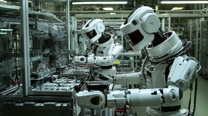 Fototapeta premium Advanced Industrial Robotics in Action: Robots Performing Repetitive Tasks in a High-Tech Manufacturing Environment