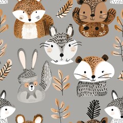 Naklejka premium cute animals on gray background, in the style of forestpunk By Generated AI