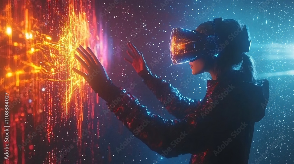 Poster vibrant and immersive futuristic vr concept art featuring a user interacting with a holographic inte