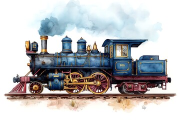 Naklejka premium Watercolor Painting of a Vintage Steam Locomotive on Train Tracks.