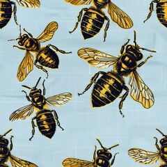 large gold bees on light blue background seamless fabric By Generated