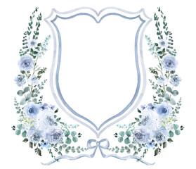 Blue Navy and white Floral Watercolor Wedding Crest - Monogram Crest - Roses Floral Luxury...