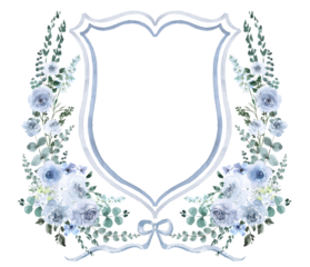 Blue Navy and white Floral Watercolor Wedding Crest - Monogram Crest - Roses Floral Luxury Watercolor Wedding Crest - Romantic Wedding Crest