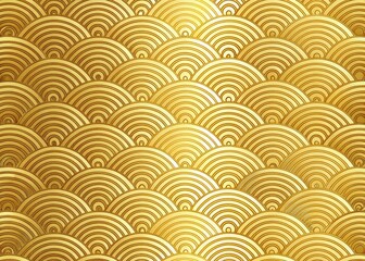 Gold Luxury Abstract Wave Background: Seamless Circle Pattern Design, Japanese Inspired, Elegant Golden Circles