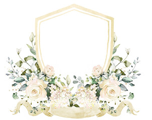 White Rose Greenery White Flower Wedding Crest - Monogram Crest - White Floral Watercolor Wedding...
