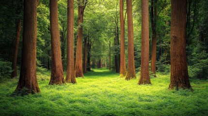 Obraz premium Tall Trees Form a Path Through a Lush Green Forest
