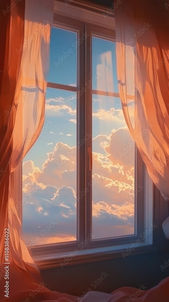 Poster serene lofi background of an open window with flowing curtains against a beautiful sky and clouds, c