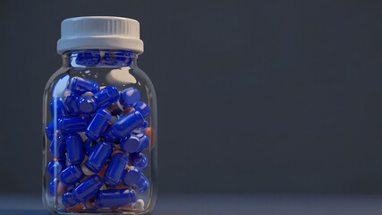 navy blue capsules inside a sealed bottle on a contrast background, 3D render illustration wide range angle