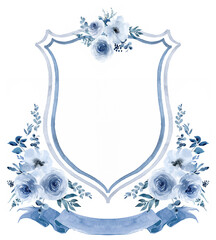 Dusty Blue Flower Wedding Crest - Monogram Crest - Roses Floral Luxury Watercolor Wedding Crest -...