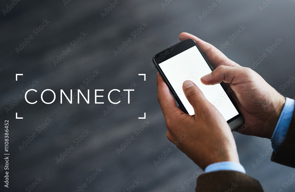Poster mockup, phone screen and hands of business man in office for website, social media and internet conn