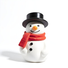 A snowman figurine wearing a scarf and hat on a white background