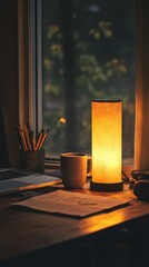 Cozy Lofi Desk Setup with a Warm Lamp, Coffee Cup, and Notes Overlooking a Serene Window View in Soft Glowing Light