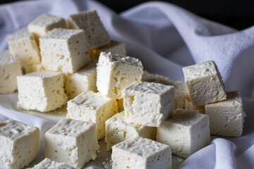 Tangy Feta Cheese Cubes Close-Up on White Background