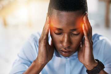 Pain, headache and black man in office, stress and thinking of debt, sick or overworked with red...