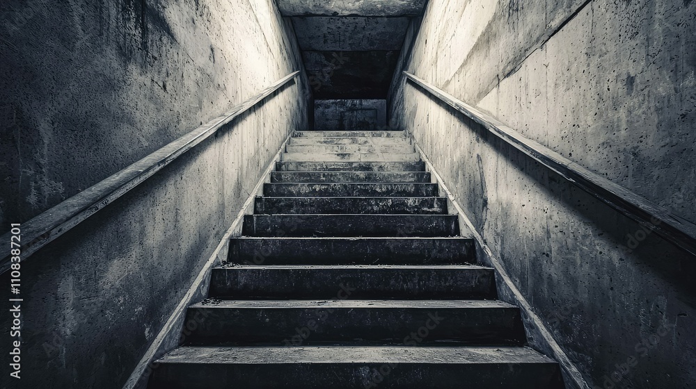 Poster dark and haunting staircase descending into the unknown, capturing an eerie atmosphere with shadows 
