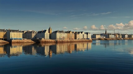 Here's a description and keywords for your image.. Calm waterfront cityscape reflecting in tranquil water under a clear sky.
