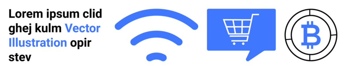 wireless symbol, shopping cart in a chat bubble, and Bitcoin coin. Ideal for digital transactions, shopping online, internet, cryptocurrency, marketing, communication, technology. Landing page