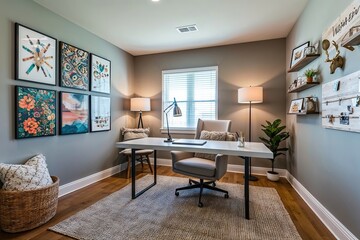 Fototapeta premium Stylish Minimalist Home Office Featuring Efficient Desk Cozy Chair and Inspiring Wall Decor for Enhanced Productivity