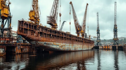 Fototapeta premium Massive Shipyard Scene Featuring Cranes Lifting Large Sections of an Abandoned Vessel Surrounded by Industrial Elements on a Gloomy Day