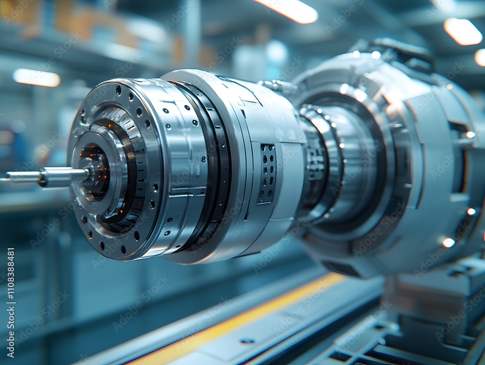Poster a close-up view of a futuristic mechanical component in an industrial setting.