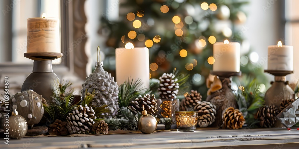 Poster a table with candles and pine cones on it. the candles are lit and the pine cones are arranged in a 