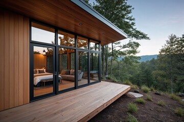 Modern Cabin Architecture with Scenic Panoramic Views in a Tranquil Natural Landscape