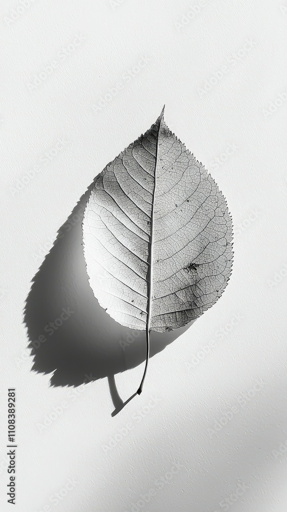 Aufkleber delicate leaf on minimalistic white background highlighting natural texture and shadows for art and 