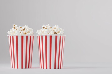 Two striped popcorn buckets against gray background