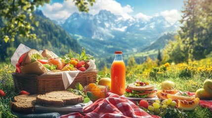 Outdoor picnic breakfast box with sandwiches, fruit, and juice bottles, scenic mountain backdrop, sunny morning, [breakfast box], [outdoor adventure]