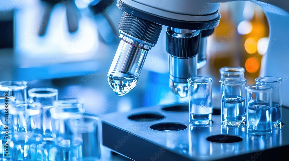 Poster advanced automated biotechnology lab featuring state-of-the-art equipment and microscopy for cutting