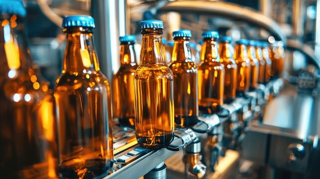 Modern Automated Bottling Line for Beverage Production Featuring Amber Glass Bottles with Caps on a High-Scale Filling Process in a State-of-the-Art Factory Environment