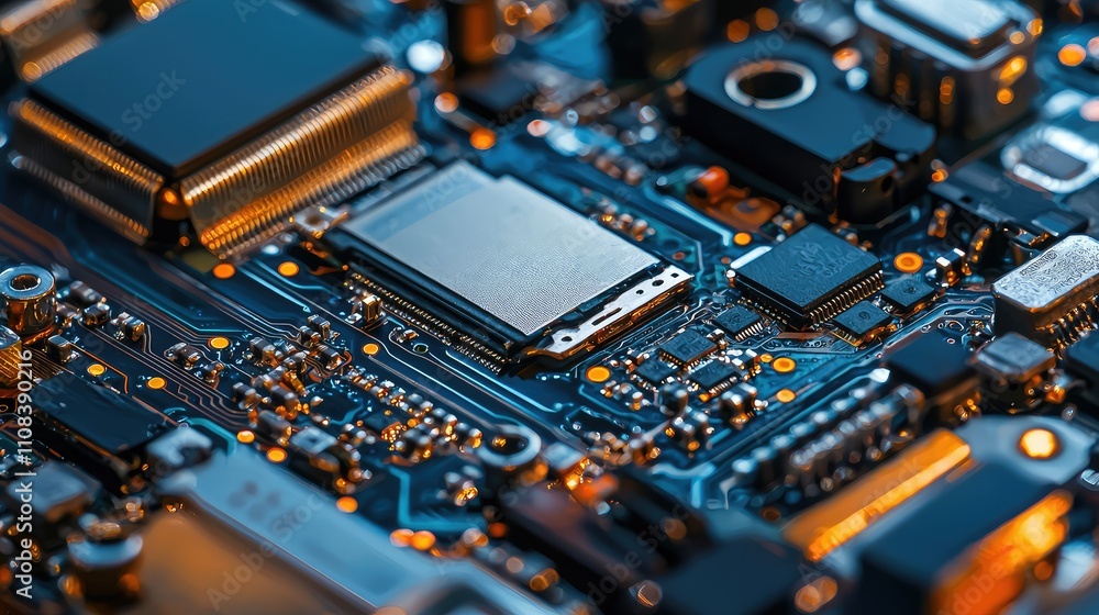 Poster close-up view of modern smartphone circuit board with intricate components, highlighting manufacturi